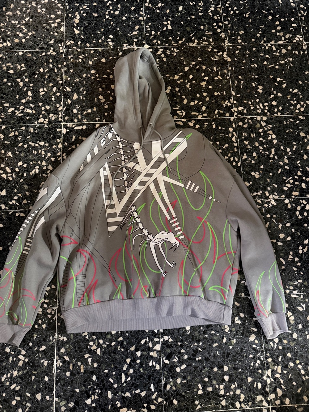 SHEIN Gray Crewneck Hoodie with Neon Green & Red Flame Graphic